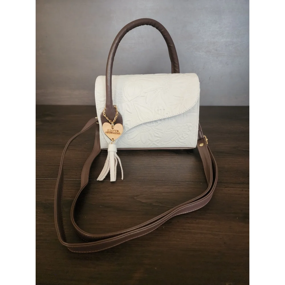 Off White Dark Brown Sunflower Embossed Tooled Artisan LEATHER Crossbody Purse